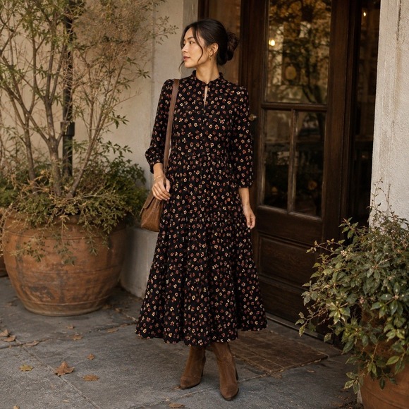 Madewell Dresses & Skirts - Madewell Womens Black Floral Tiered Midi Dress Long Sleeve Button Front Size M